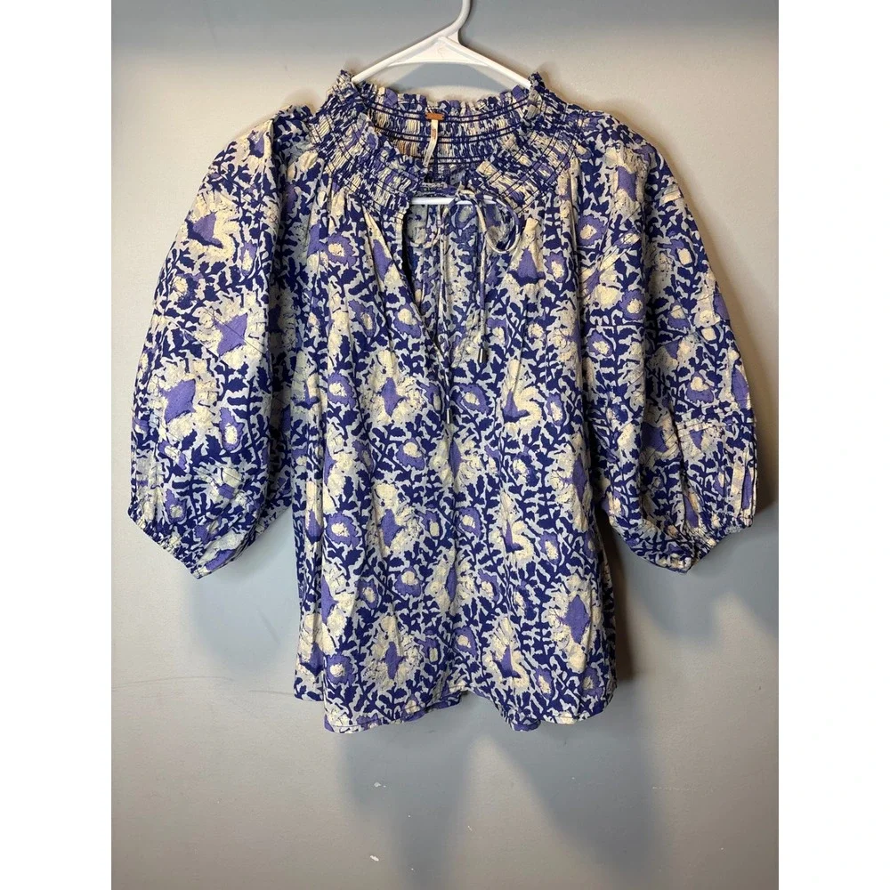 Free People Willow Purple Blue Floral Smocked‎ Puff Sleeve Blouse Oversizd